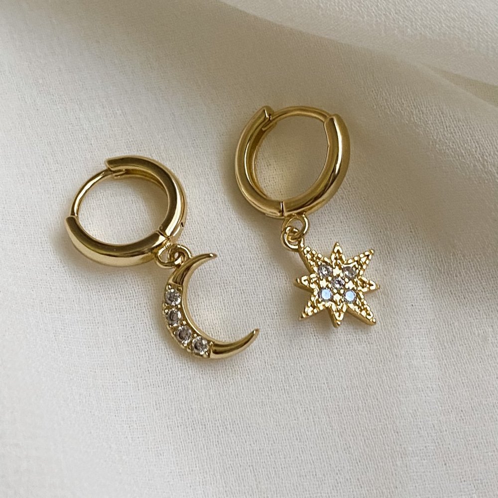 Gold S925 Northern Star Moon Huggie Hoop Earrings